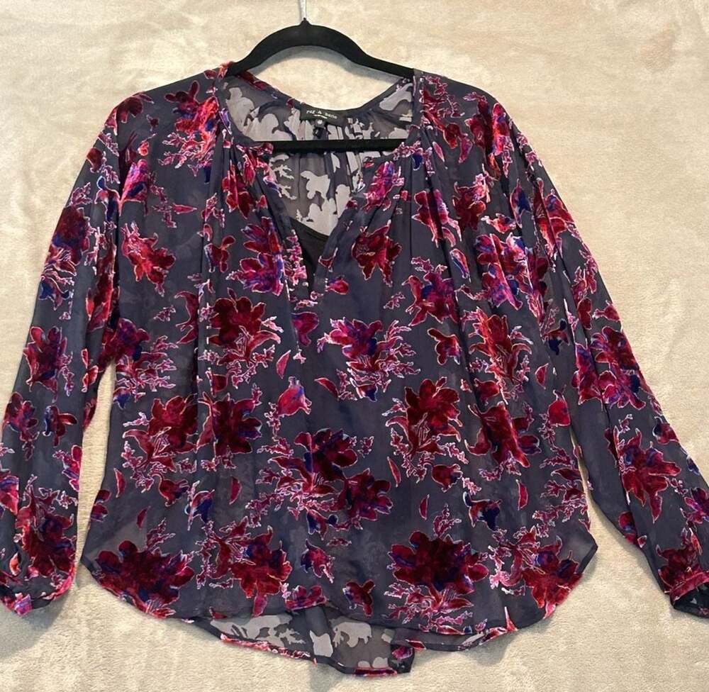 Rag & Bone Yuni Burnout Blouse Size XS Purple Velvet Silk Floral Long Sleeve